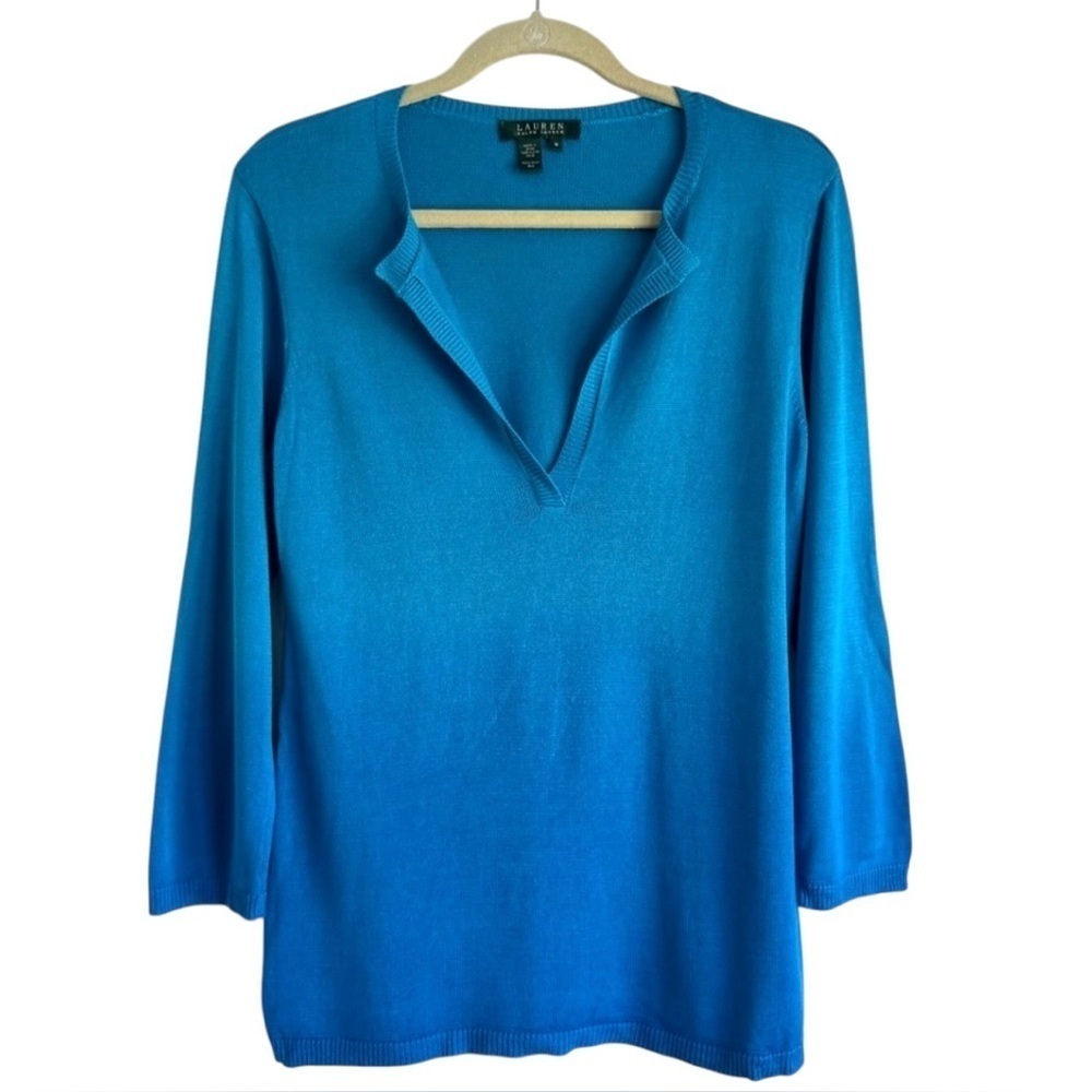 Lauren Ralph Lauren C-Neck Sweater Silk Pullover Preppy Resort Top Blue Ombré M